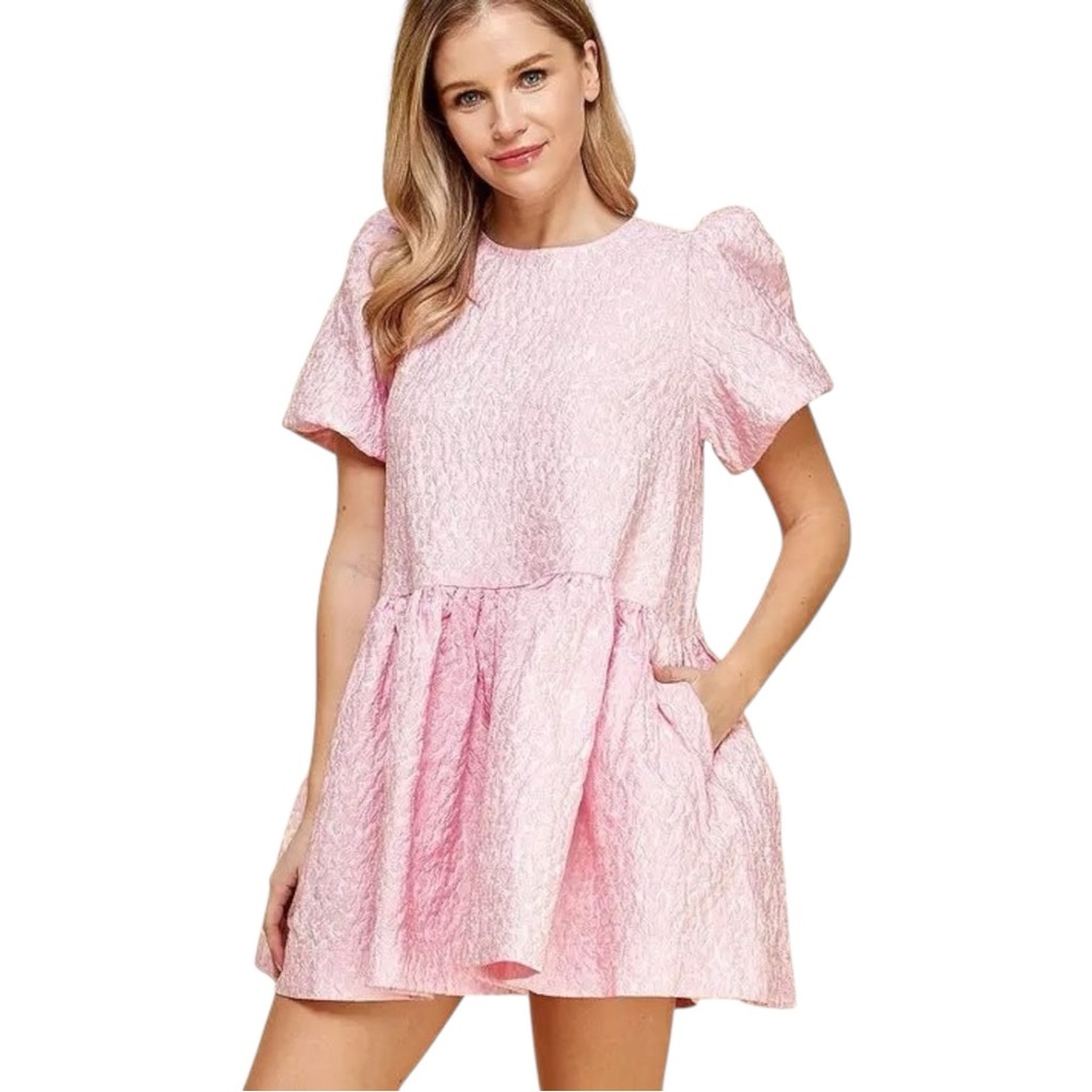 TCEC Baby Pink Textured Mini Dress with Puff‎ Sleeves Florals